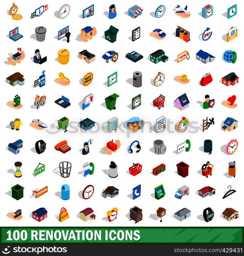 100 renovation icons set in isometric 3d style for any design vector illustration. 100 renovation icons set, isometric 3d style