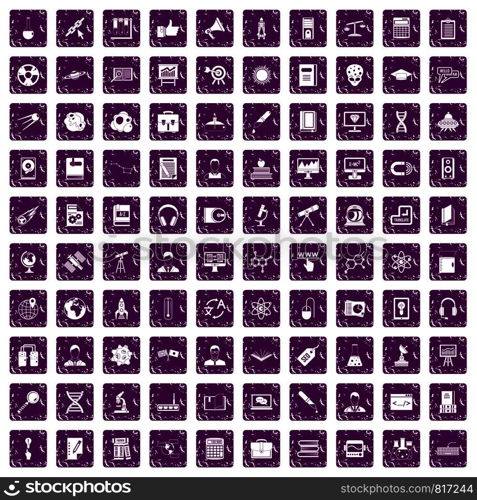 100 researcher science icons set in grunge style purple color isolated on white background vector illustration. 100 researcher science icons set grunge purple