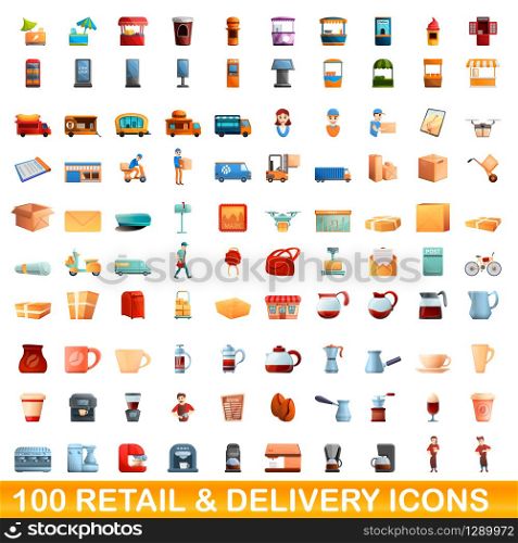100 retail and delivery icons set. Cartoon illustration of 100 retail and delivery icons vector set isolated on white background. 100 retail and delivery icons set, cartoon style
