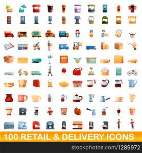 100 retail and delivery icons set. Cartoon illustration of 100 retail and delivery icons vector set isolated on white background. 100 retail and delivery icons set, cartoon style