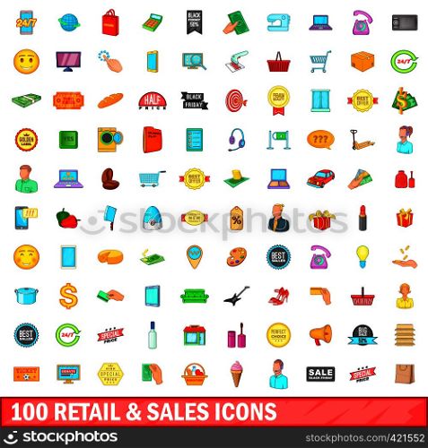 100 retail and sales icons set in cartoon style for any design vector illustration. 100 retail and sales icons set, cartoon style
