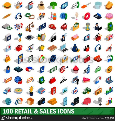 100 retail sales icons set in isometric 3d style for any design vector illustration. 100 retail sales icons set, isometric 3d style