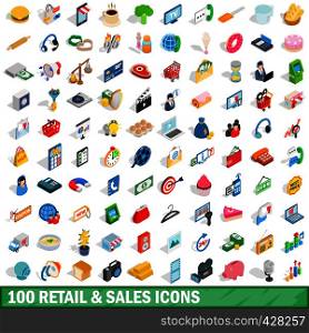 100 retail sales icons set in isometric 3d style for any design vector illustration. 100 retail sales icons set, isometric 3d style