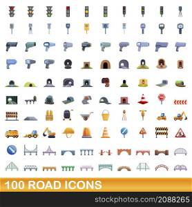 100 road icons set. Cartoon illustration of 100 road icons vector set isolated on white background. 100 road icons set, cartoon style