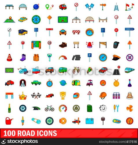 100 road icons set in cartoon style for any design vector illustration. 100 road icons set, cartoon style