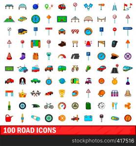100 road icons set in cartoon style for any design vector illustration. 100 road icons set, cartoon style