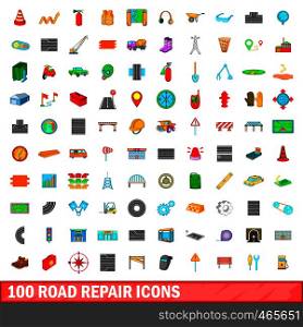 100 road repair icons set in cartoon style for any design illustration. 100 road repair icons set, cartoon style