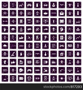 100 robot icons set in grunge style purple color isolated on white background vector illustration. 100 robot icons set grunge purple