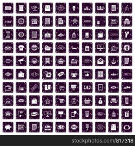 100 sale icons set in grunge style purple color isolated on white background vector illustration. 100 sale icons set grunge purple