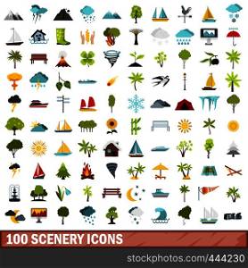 100 scenery icons set in flat style for any design vector illustration. 100 scenery icons set, flat style