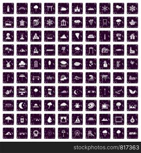 100 scenery icons set in grunge style purple color isolated on white background vector illustration. 100 scenery icons set grunge purple