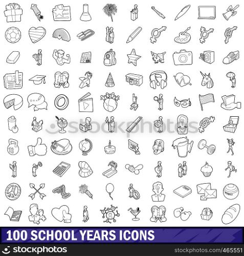 100 school years icons set in outline style for any design vector illustration. 100 school years icons set, outline style