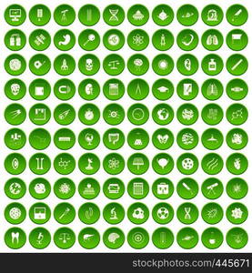 100 science icons set green circle isolated on white background vector illustration. 100 science icons set green circle