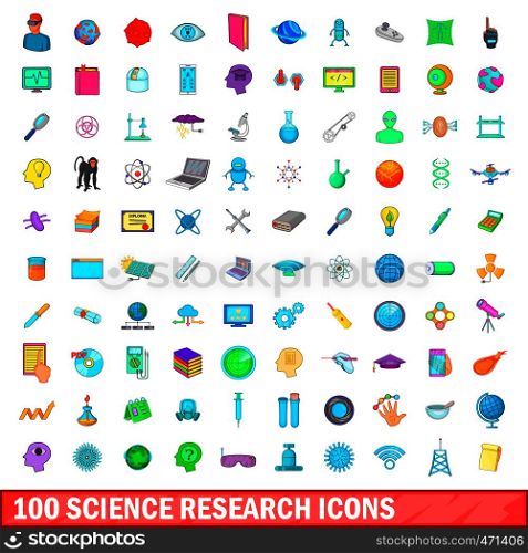 100 science research icons set in cartoon style for any design illustration. 100 science research icons set, cartoon style