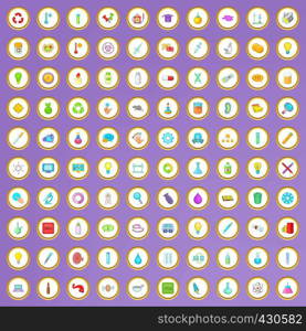 100 scientific laboratory icons set in cartoon style on purple background vector illustration. 100 scientific laboratory icons set