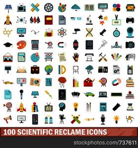 100 scientific reclame icons set in flat style for any design vector illustration. 100 scientific reclame icons set, flat style