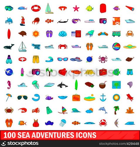 100 sea adventures icons set in cartoon style for any design vector illustration. 100 sea adventures icons set, cartoon style
