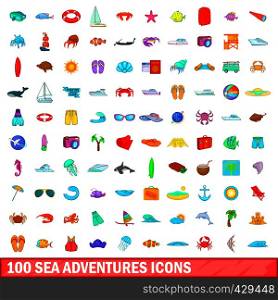 100 sea adventures icons set in cartoon style for any design vector illustration. 100 sea adventures icons set, cartoon style