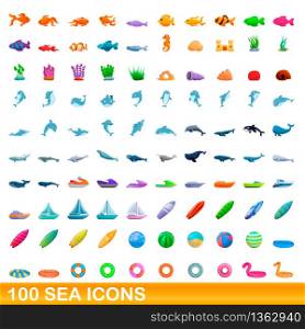 100 sea icons set. Cartoon illustration of 100 sea icons vector set isolated on white background. 100 sea icons set, cartoon style