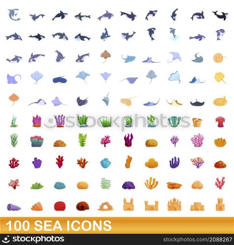 100 sea icons set. Cartoon illustration of 100 sea icons vector set isolated on white background. 100 sea icons set, cartoon style