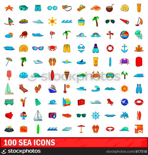 100 sea icons set in cartoon style for any design vector illustration. 100 sea icons set, cartoon style
