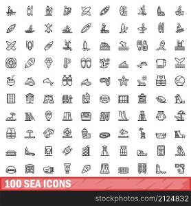 100 sea icons set. Outline illustration of 100 sea icons vector set isolated on white background. 100 sea icons set, outline style