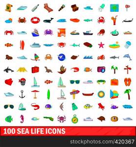 100 sea life icons set in cartoon style for any design vector illustration. 100 sea life icons set, cartoon style