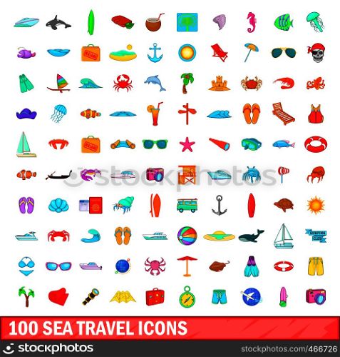 100 sea travel icons set in cartoon style for any design illustration. 100 sea travel icons set, cartoon style