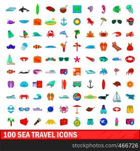 100 sea travel icons set in cartoon style for any design illustration. 100 sea travel icons set, cartoon style