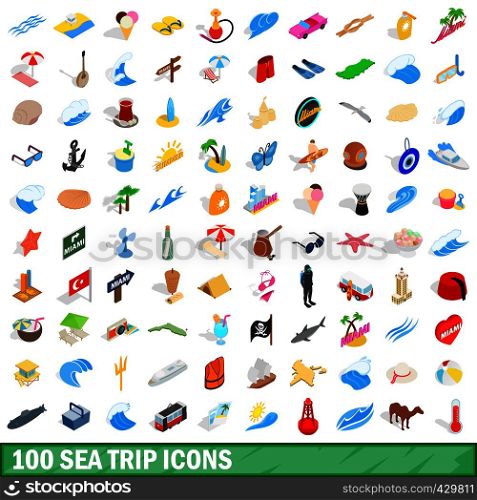 100 sea trip icons set in isometric 3d style for any design vector illustration. 100 sea trip icons set, isometric 3d style