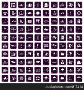 100 seaside resort icons set in grunge style purple color isolated on white background vector illustration. 100 seaside resort icons set grunge purple