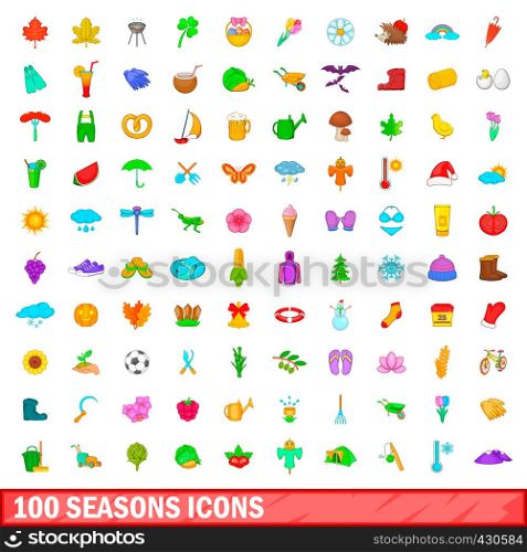 100 season icons set in cartoon style for any design vector illustration. 100 season icons set, cartoon style