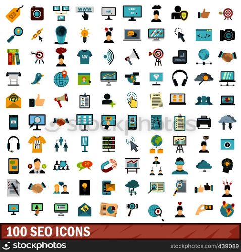 100 seo icons set in flat style for any design vector illustration. 100 seo icons set, flat style