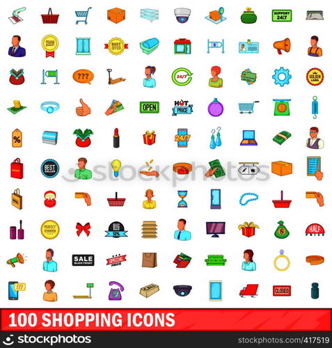 100 shopping icons set in cartoon style for any design vector illustration. 100 shopping icons set, cartoon style
