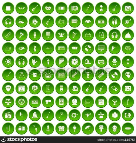 100 show business icons set green circle isolated on white background vector illustration. 100 show business icons set green circle