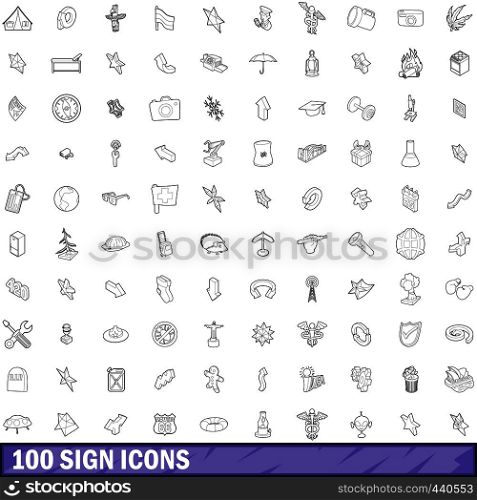 100 sign icons set in outline style for any design vector illustration. 100 sign icons set, outline style