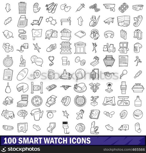100 smart watch icons set in outline style for any design vector illustration. 100 smart watch icons set, outline style