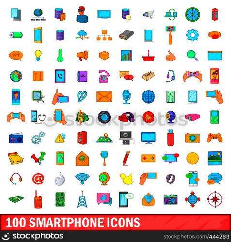 100 smartphone icons set in cartoon style for any design vector illustration. 100 smartphone icons set, cartoon style