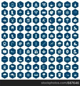 100 snow icons set in sapphirine hexagon isolated vector illustration. 100 snow icons sapphirine violet