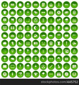 100 soccer icons set green circle isolated on white background vector illustration. 100 soccer icons set green circle