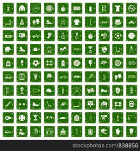 100 sport accessories icons set in grunge style green color isolated on white background vector illustration. 100 sport accessories icons set grunge green