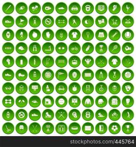 100 sport equipment icons set green circle isolated on white background vector illustration. 100 sport equipment icons set green circle