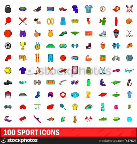 100 sport icons set in cartoon style for any design vector illustration. 100 sport icons set, cartoon style