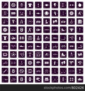 100 sport icons set in grunge style purple color isolated on white background vector illustration. 100 sport icons set grunge purple