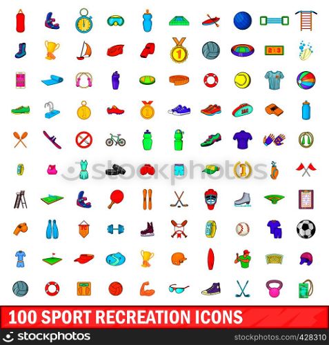 100 sport recreation icons set in cartoon style for any design vector illustration. 100 sport recreation icons set, cartoon style