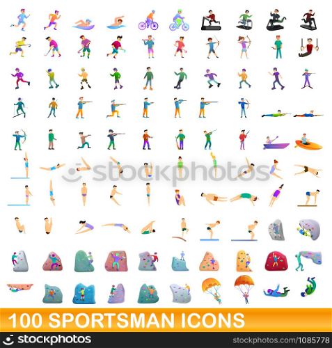 100 sportsman icons set. Cartoon illustration of 100 sportsman icons vector set isolated on white background. 100 sportsman icons set, cartoon style