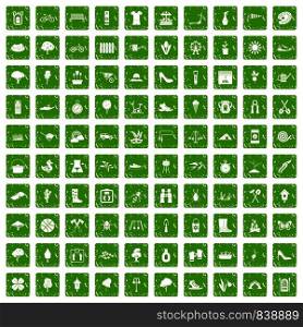 100 spring icons set in grunge style green color isolated on white background vector illustration. 100 spring icons set grunge green