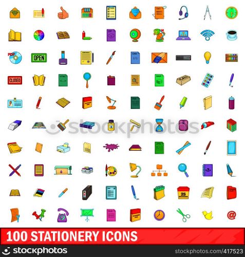 100 stationery icons set in cartoon style for any design vector illustration. 100 stationery icons set, cartoon style