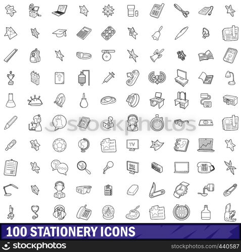 100 stationery icons set in outline style for any design vector illustration. 100 stationery icons set, outline style