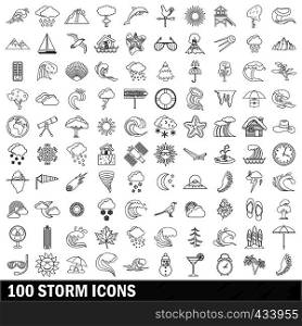 100 storm icons set in outline style for any design vector illustration. 100 storm icons set, outline style
